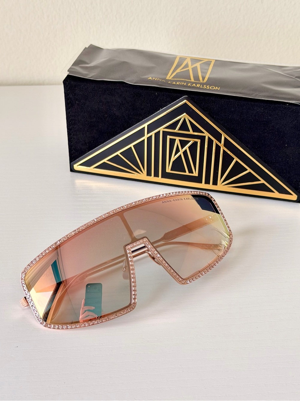 New ANNA KARIN KARLSSON Rose Gold Crystal Shield Sunglasses Shady luv 2.0